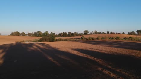 Along-the-plowed-empty-field,-view-of-the-blue-sky,-long-shadows-and-trees