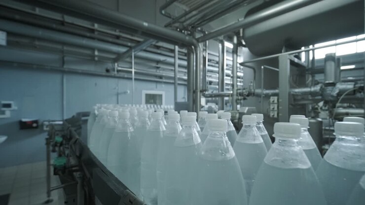 Conveyor belt with bottles of drinking water at a modern beverage plant