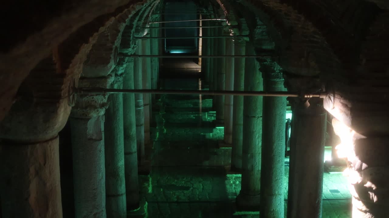 The illuminated Basilica Cistern or Yerebatan Cistern in Istanbul, Turkey