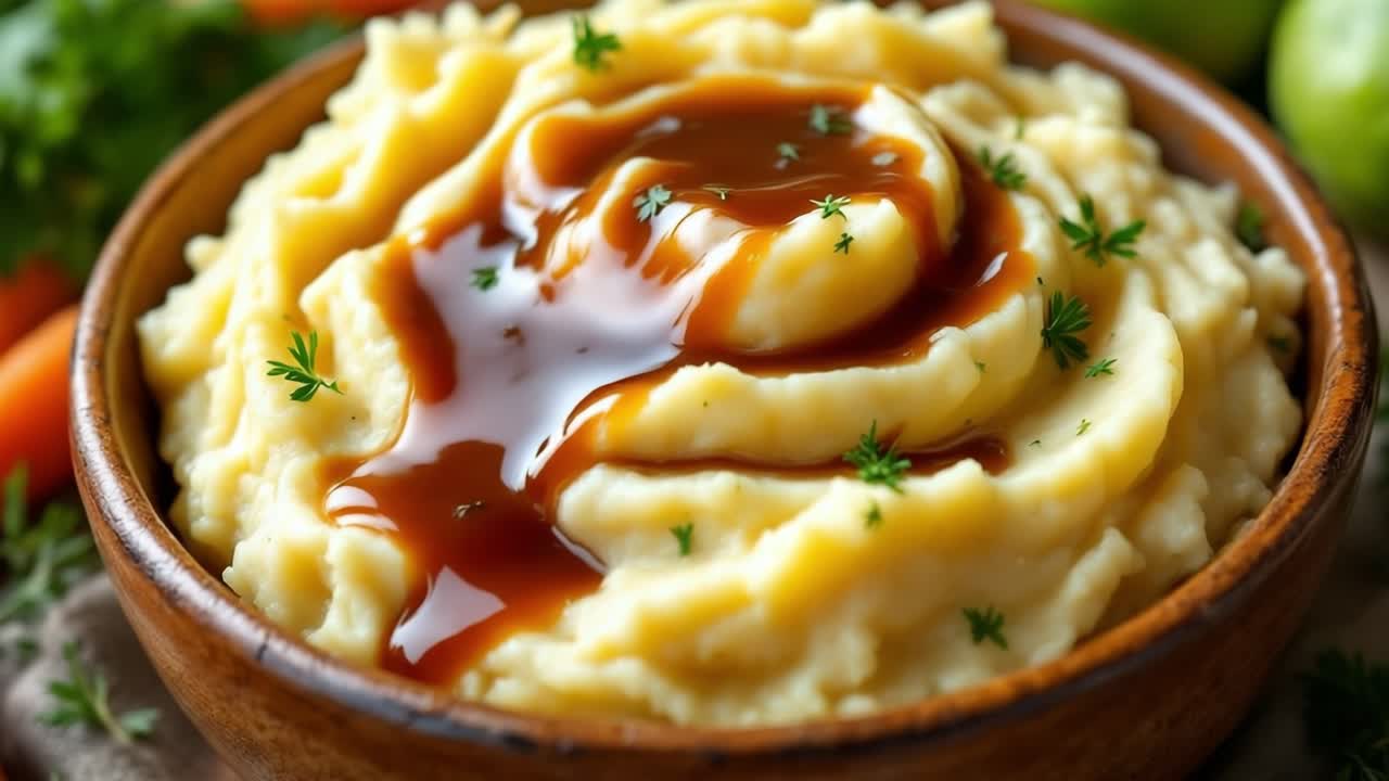 Creamy mashed potatoes topped with rich gravy, garnished with fresh herbs, served in a rustic wooden bowl, showcasing a delicious comfort food experience