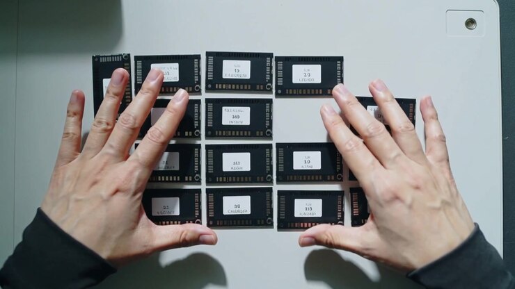 Approaching hands aligning, inspecting 12 black PCBs with white labels on bench in long sleeves
