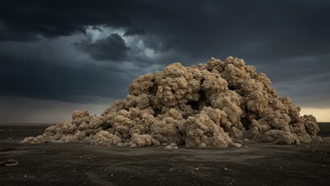 dramatic scene of stormy skies and lightning striking a large formation of brown rocky boulders amidst an ominous atmosphere of dark clouds