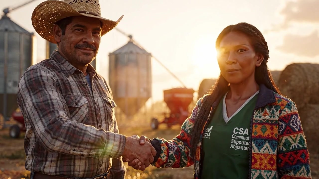 Due agricoltori condividono un momento al tramonto, mettendo in mostra l'armonia della vita agricola e la gioia del lavoro immersi nella bellezza dell'ora d'oro nei campi.