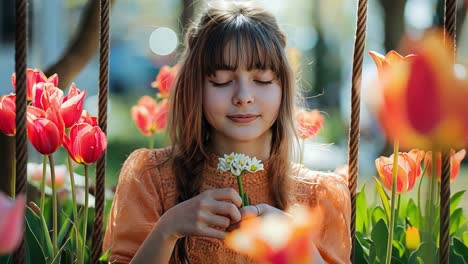 young woman on a swing surrounded by flowers