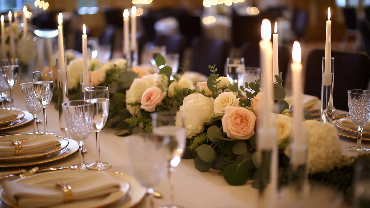 Elegante tavolo per ricevimento di matrimonio con centrotavola floreali e candele
