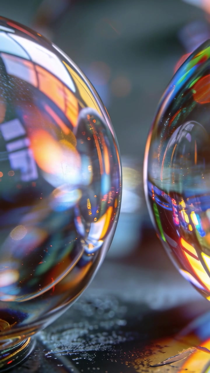 Vertikal video: Skiftande kamera avslöjar två glasklot och en tunn springa på ett mörkt bord med neonbokeh