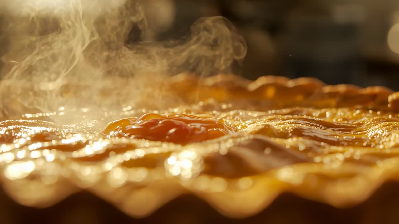 Showing fresh deep-dish pie emitting steam after baking on kitchen countertop, with orange filling