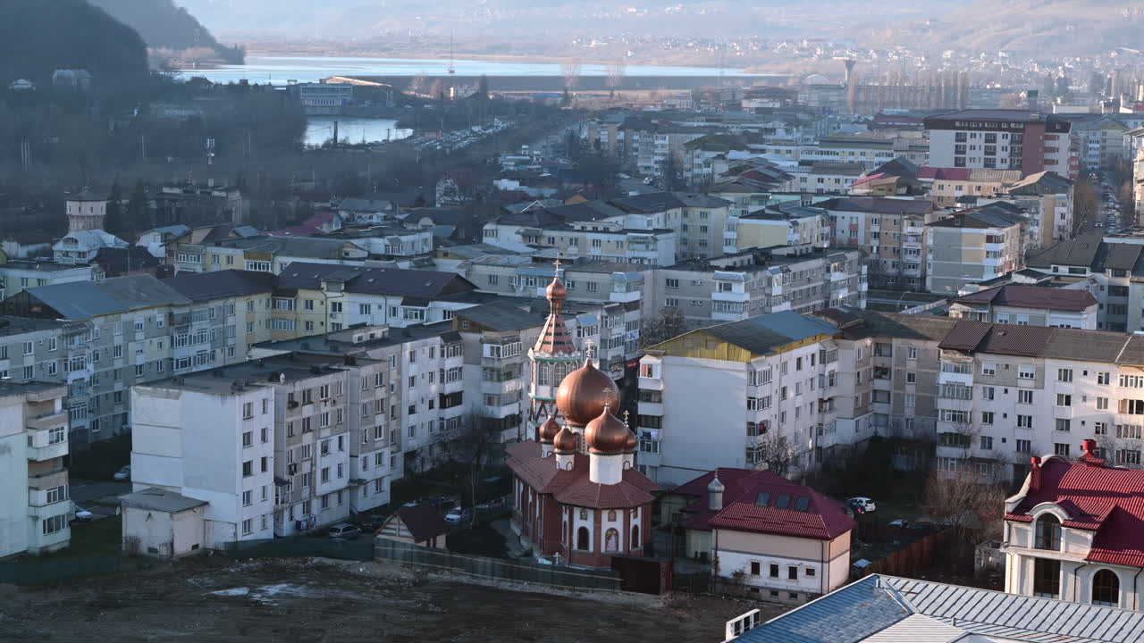 Aerial drone view of Piatra Neamt, Romania on a sunny day