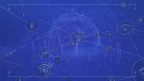 animation of network of digital icons over globe and 3d city model spinning on blue background