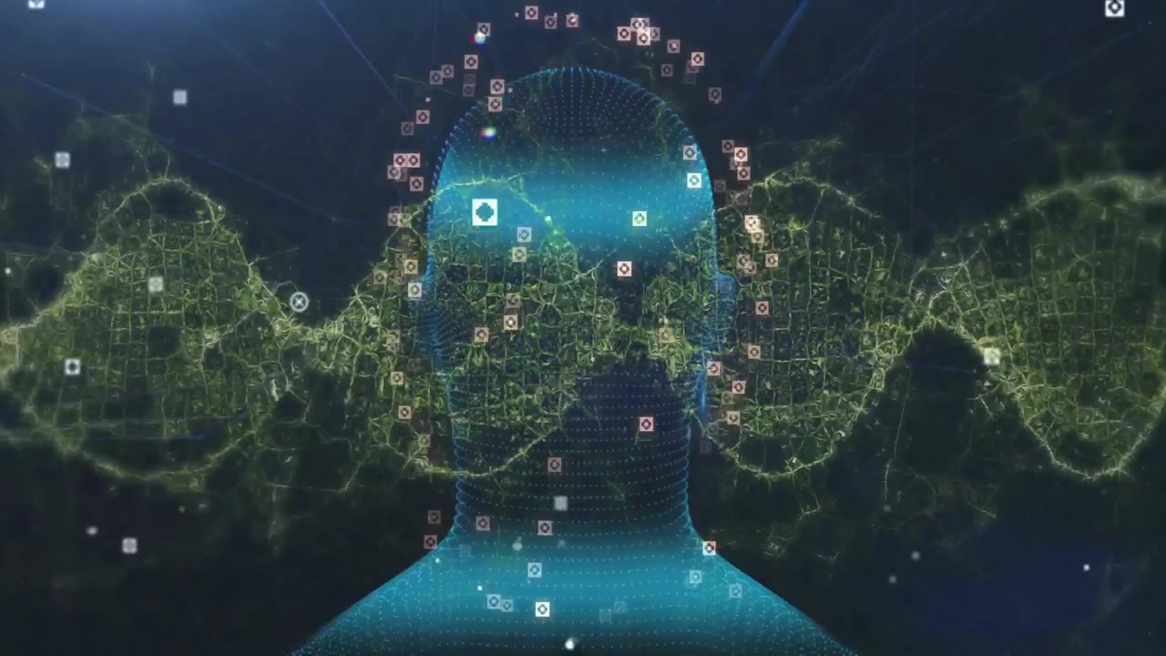 Forming glowing mesh head, data nodes appearing, rotating unveiling DNA helix, icons orbiting helix