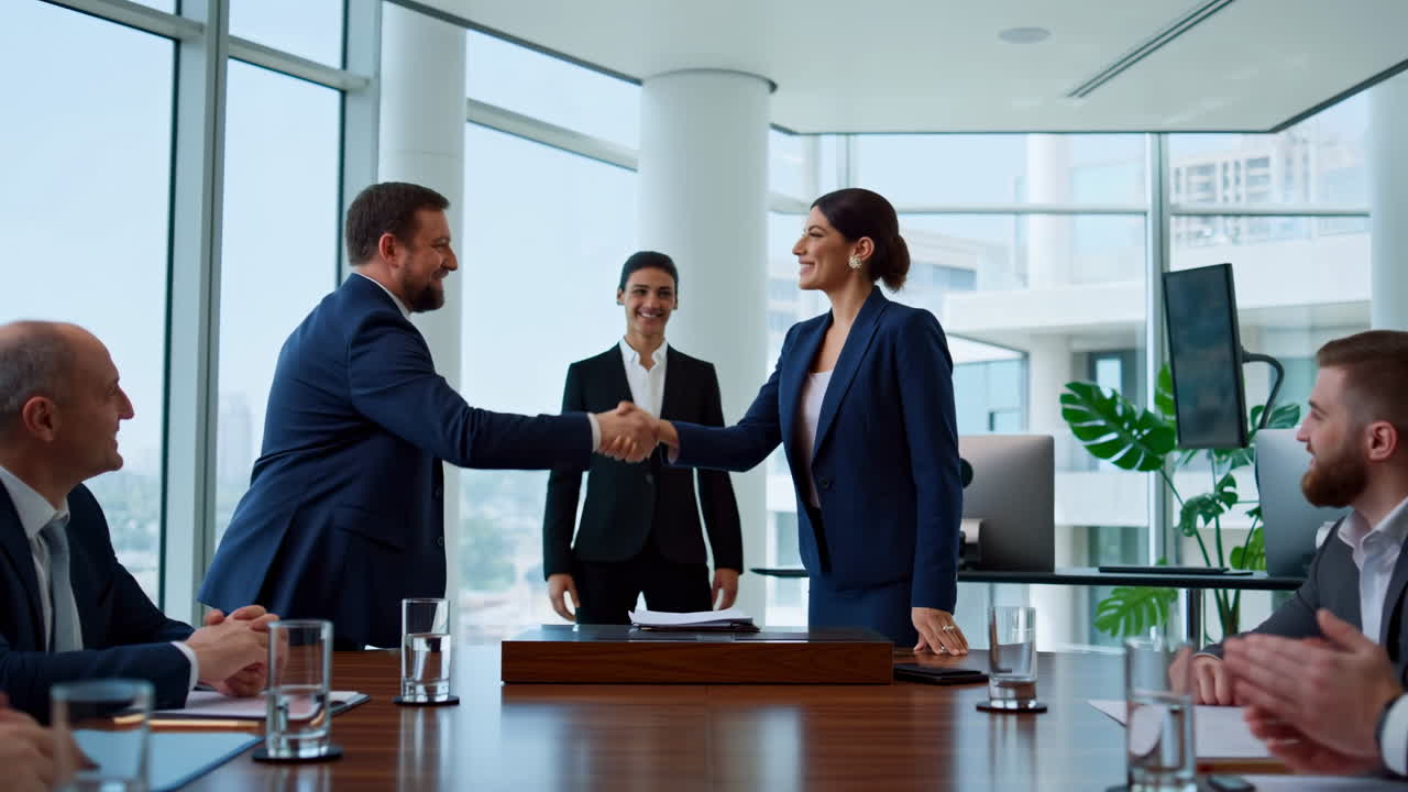Stretta di mano in sala riunioni tra dirigenti che sigillano una partnership strategica durante una riunione di alto livello, dirigente donna.