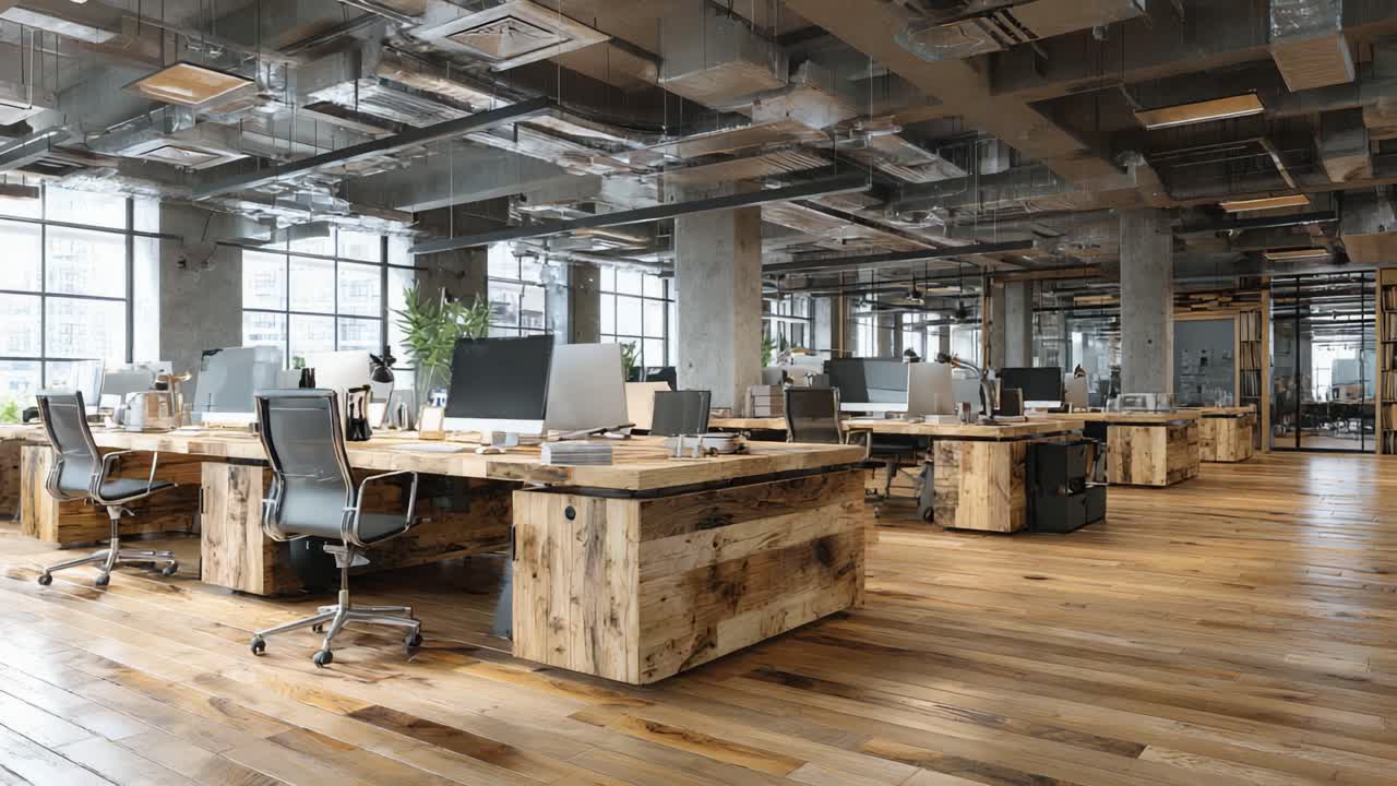 Un moderno ufficio open space con eleganti scrivanie in legno e abbondante luce naturale, ideale per la collaborazione e la produttività in un ambiente di lavoro contemporaneo.