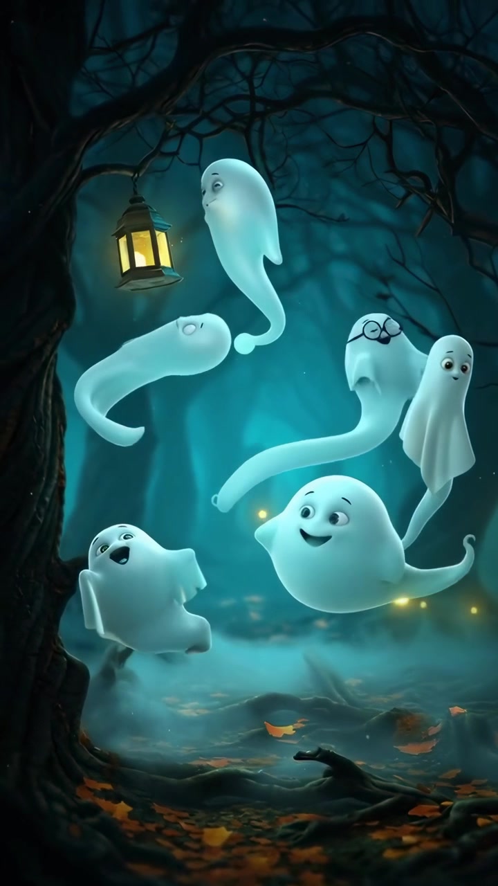 Cute Cartoon Ghosts Floating in a Dark Enchanted Forest