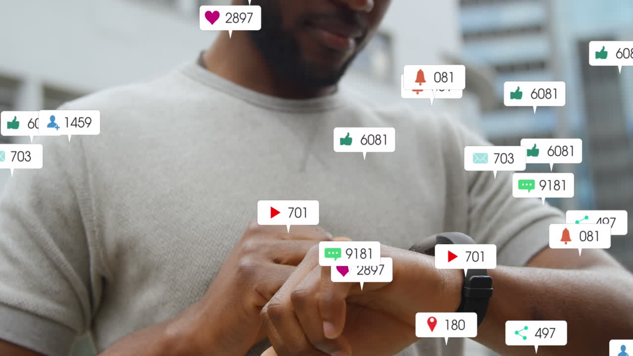 Animation of social media icons with numbers over african american man using smartwatch