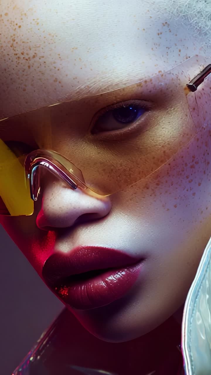 Stunning Close-Up of a Woman's Face with Bold Cosmetics, Unique Freckles, and Stylish Sunglasses, Showcasing the Beauty of Modern Fashion and Artistry