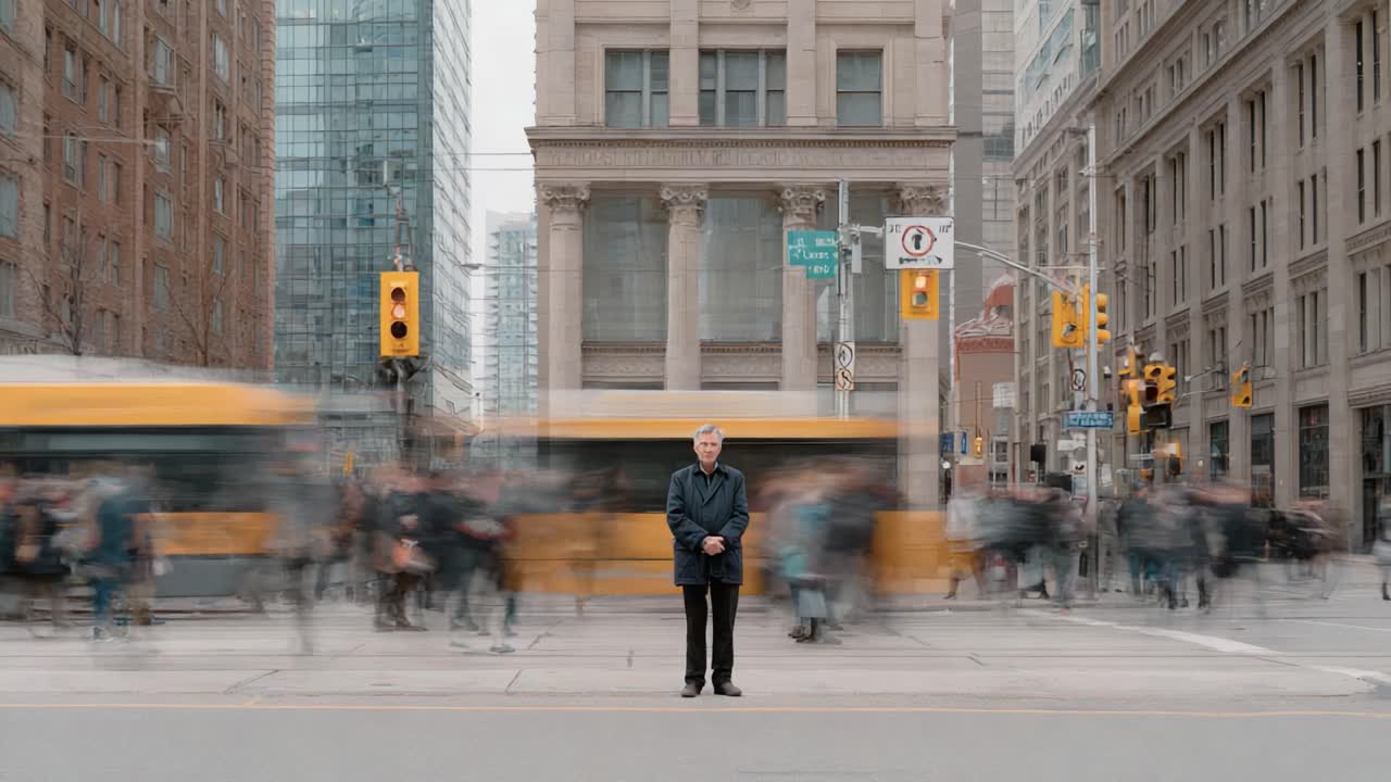 A solitary figure stands still amidst the bustling, blurred motion of city life, capturing the contrast between stillness and the frenetic pace of urban movement