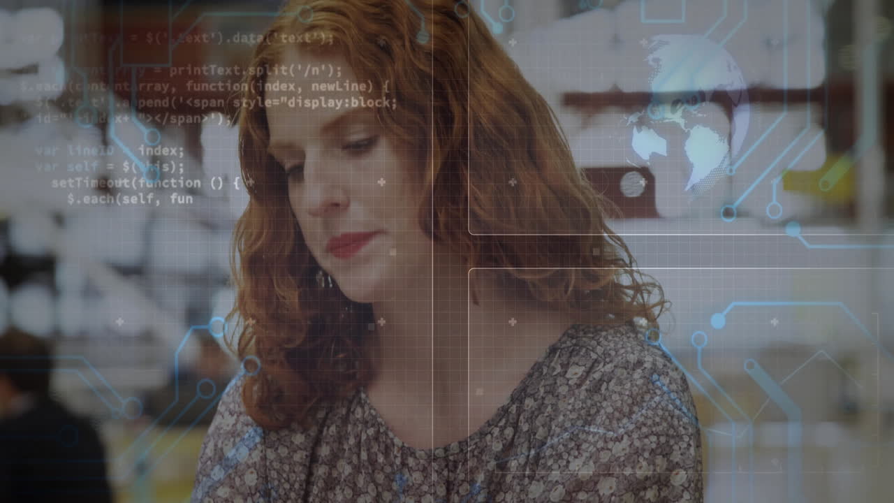 Wearing patterned blouse, woman with digital network graphics animation on screen