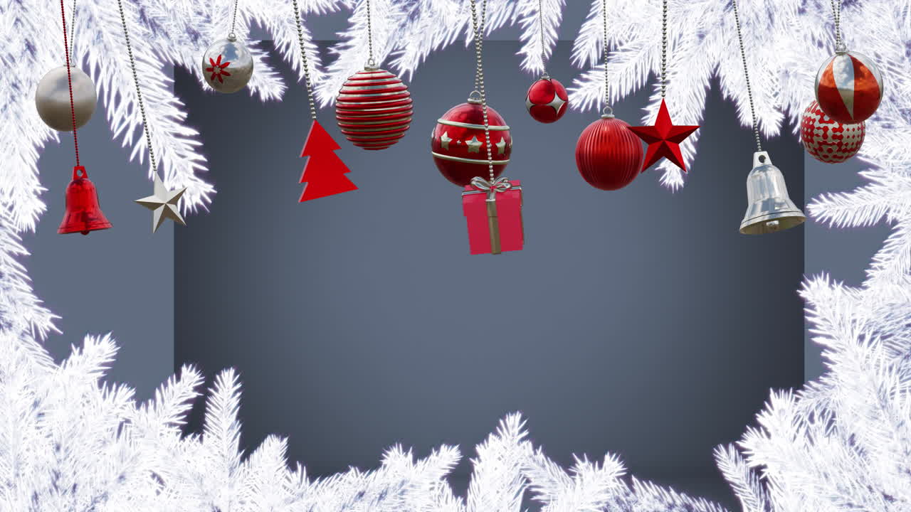 animación de bolas colgantes, campanas, cajas de regalos, campanas, hojas de pino cubiertas de nieve sobre un fondo gris
