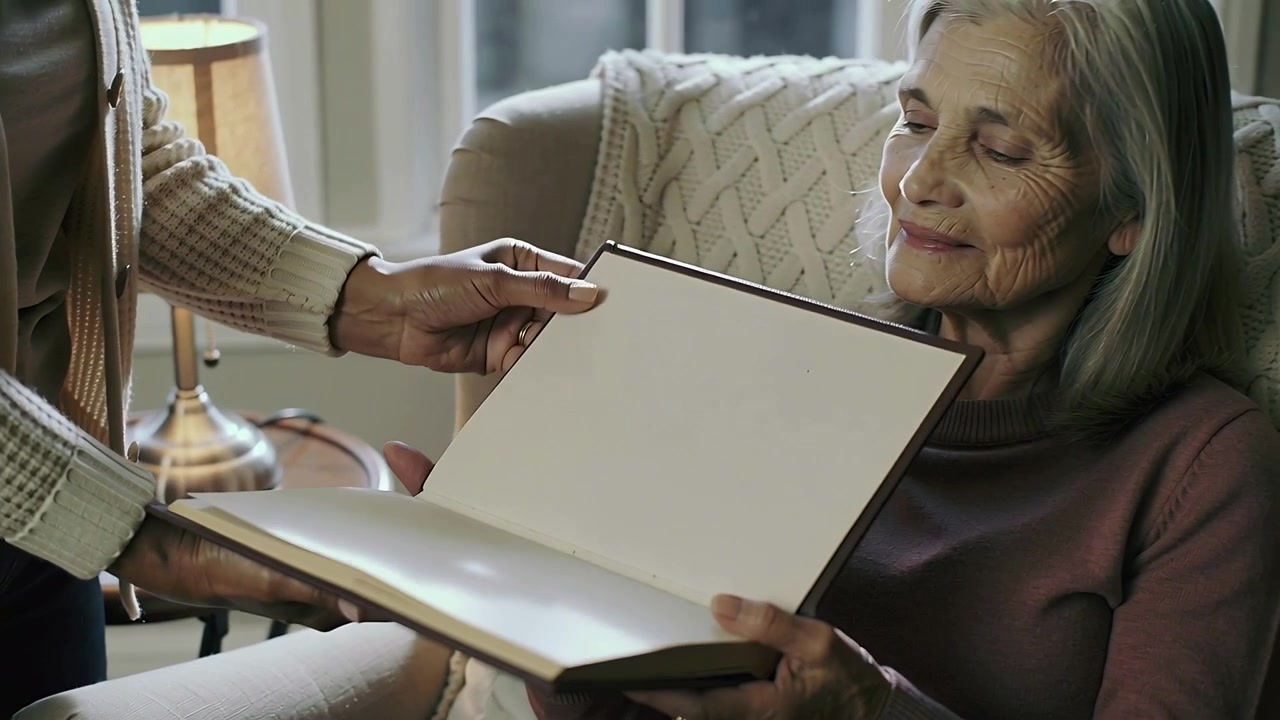 Walking caregiver opening large album showing blank pages onto senior lap in living room