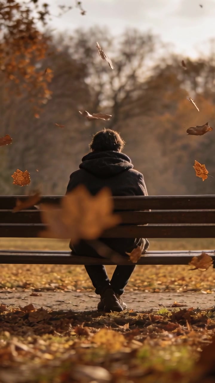 Vertical video: Sitting man wearing hooded coat watching breeze lifting leaves across park bench