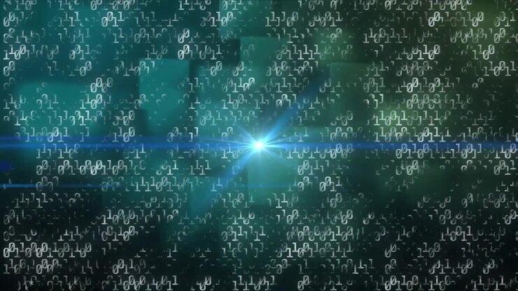 Digitale Animation zeigt Datenübertragung mittels Lichtspur und Binärcodes.
