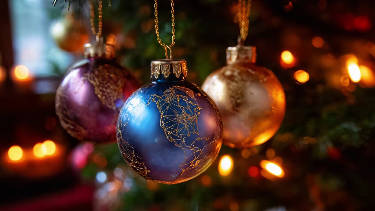 A Beautiful Close-Up of Decorative Christmas Ornaments Featuring Global Maps Hanging Elegantly on a Tree, Illuminated by Soft, Warm Lights that Enhance the Holiday Spirit of the Surroundings
