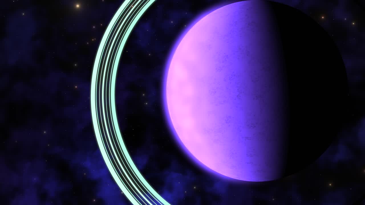 CGI rendered zoom in towards purple alien planet with green rings in vast universe with stars in the background inside a large dark indigo dustlike nebula cloud in deep space, wide view, science fx