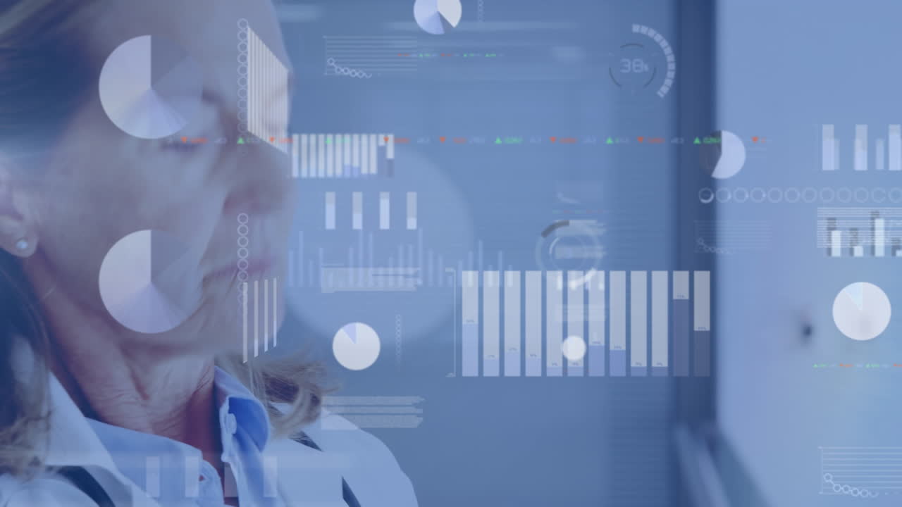 animación de la interfaz infográfica de hud sobre la mujer médica caucásica pensando y mirando hacia otro lado