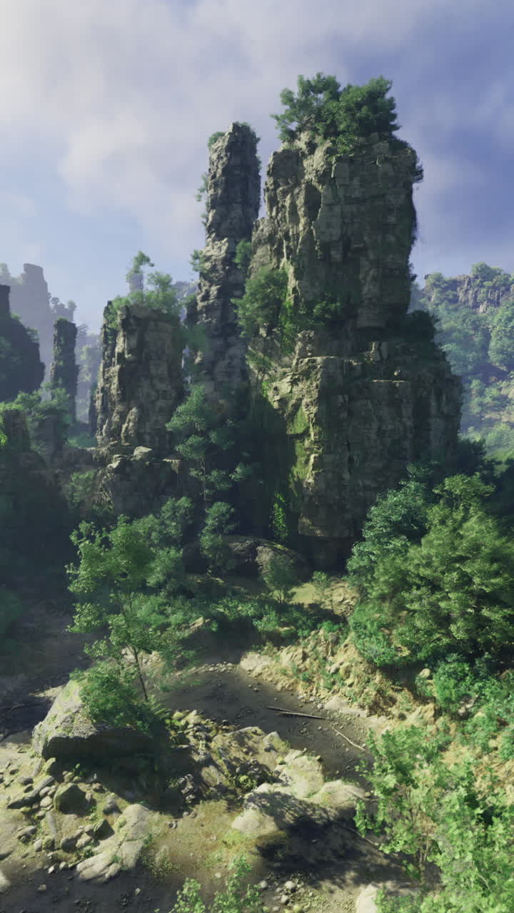 Majestic stone formations rise among lush green foliage in vibrant landscape