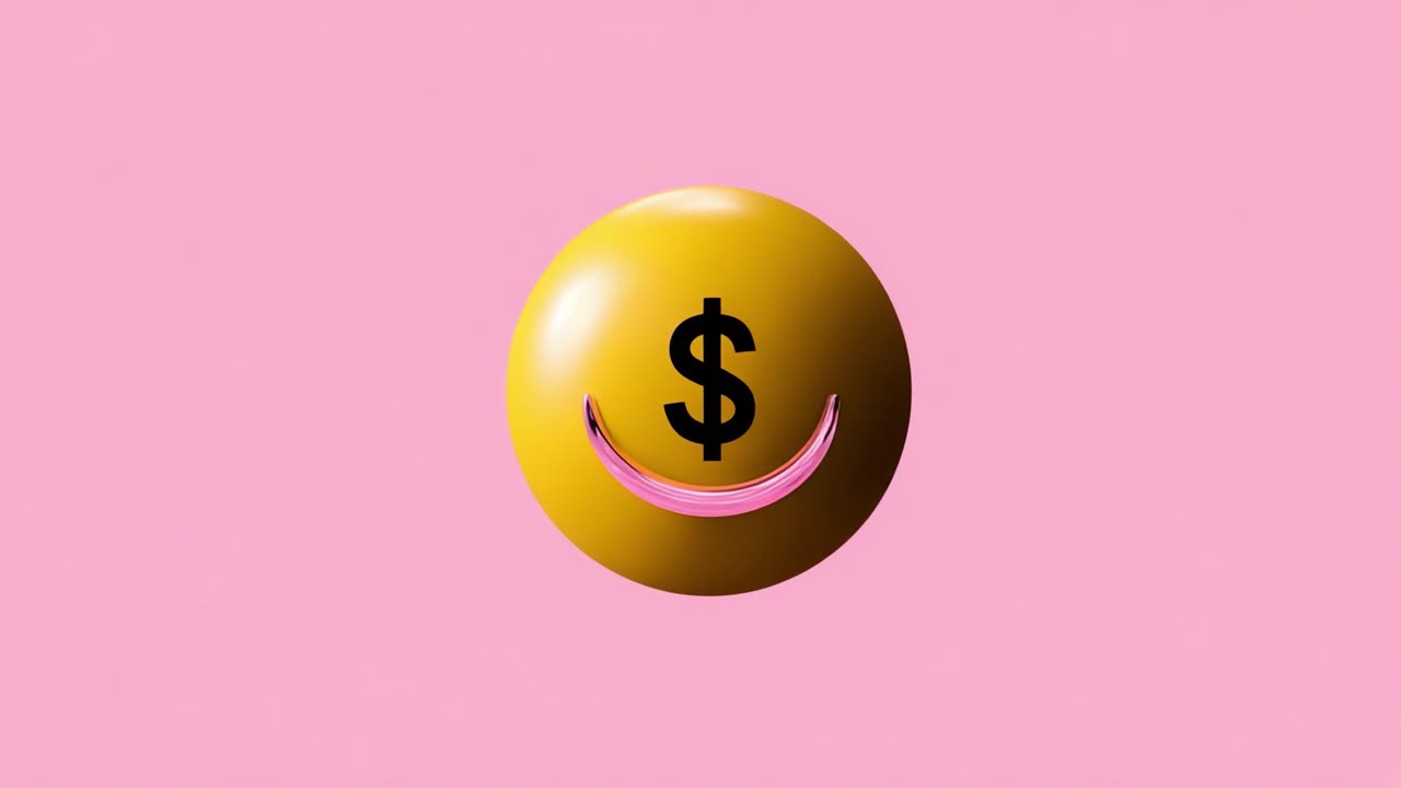 A vibrant and cheerful golden smiley face emoji featuring a dollar sign, symbolizing financial happiness and prosperity against a playful pink background that enhances its cheerful vibe