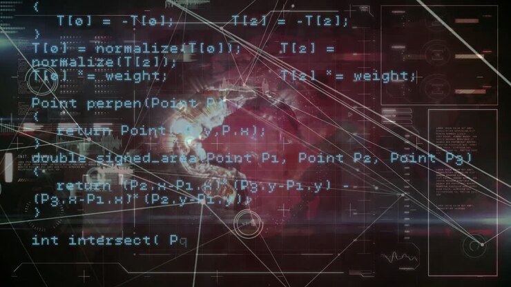 Animation of programming code overlaying digital world map with data connections