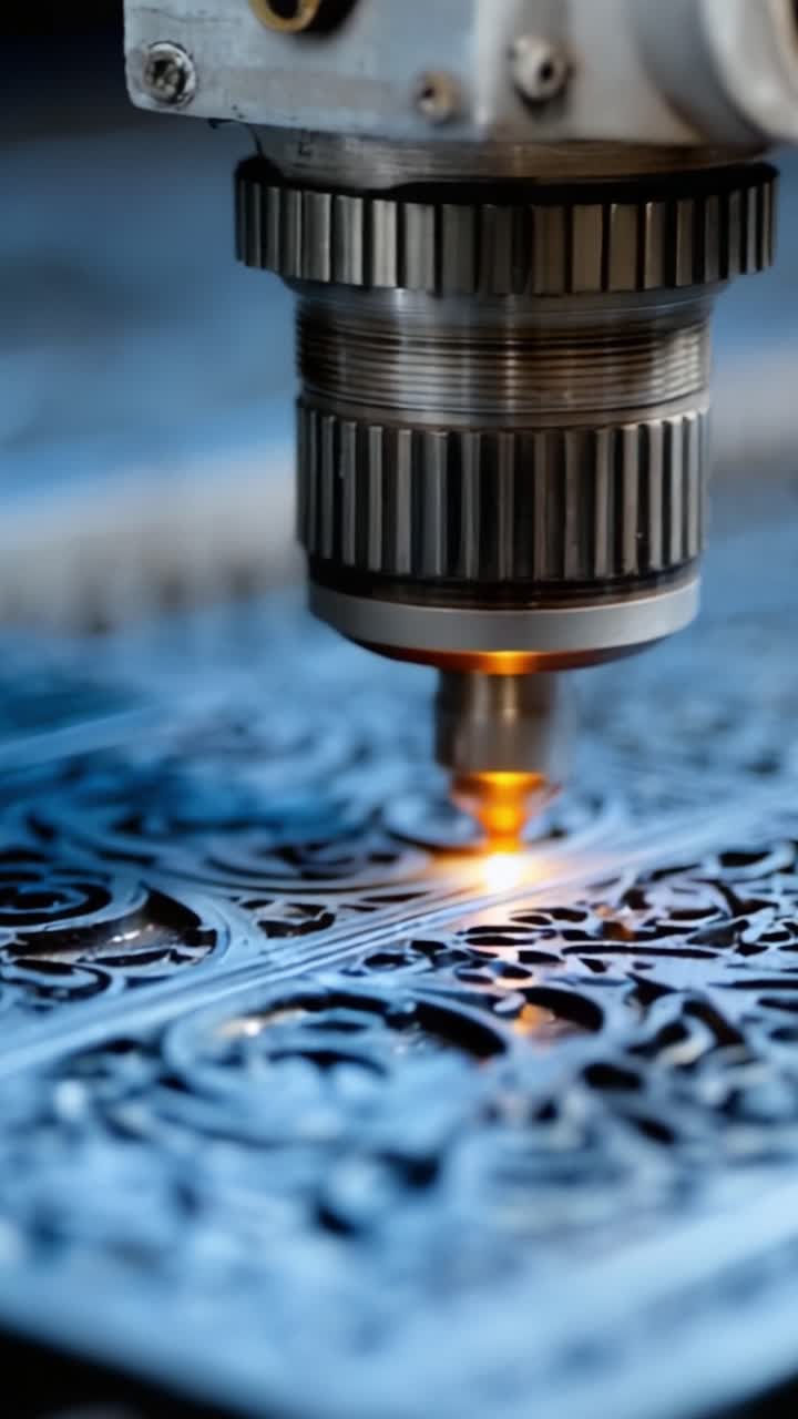 An Advanced Laser Cutting Process Captured in Action, Demonstrating Precision and Detail on Intricate Designs with High-Tech Equipment in a Modern Workshop Setting