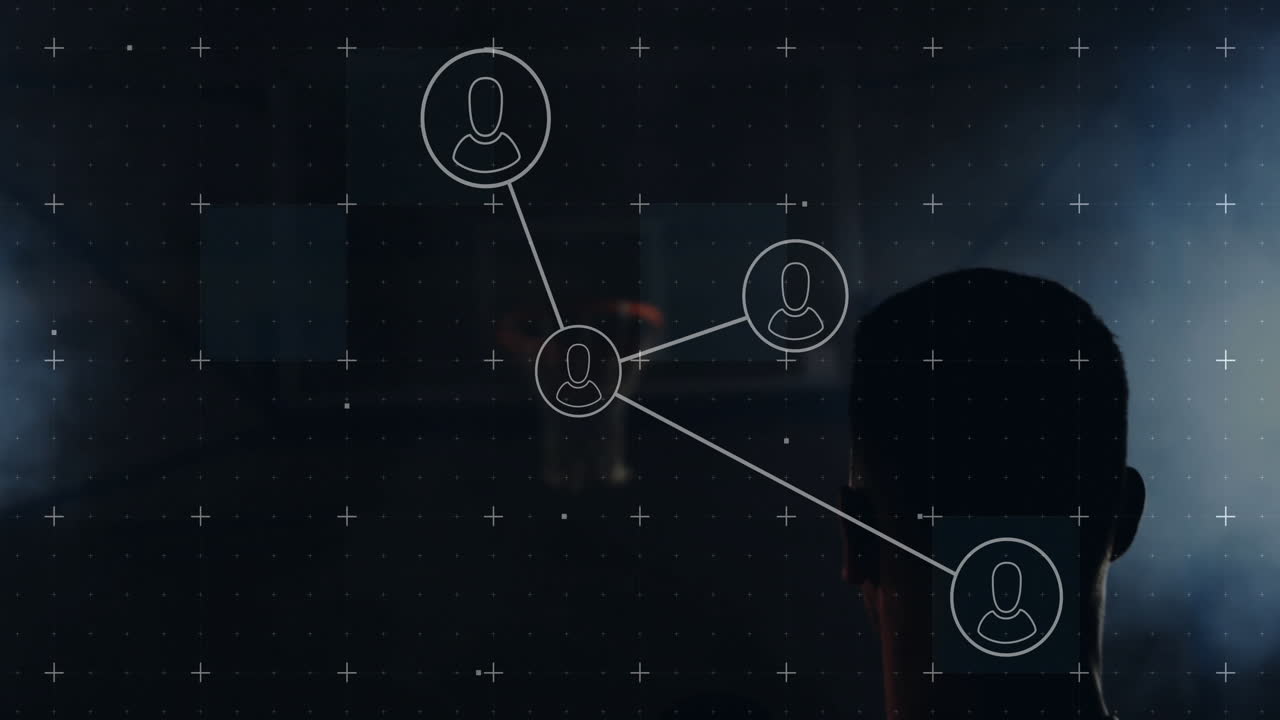 Network of connections and data processing animation over person in dark room