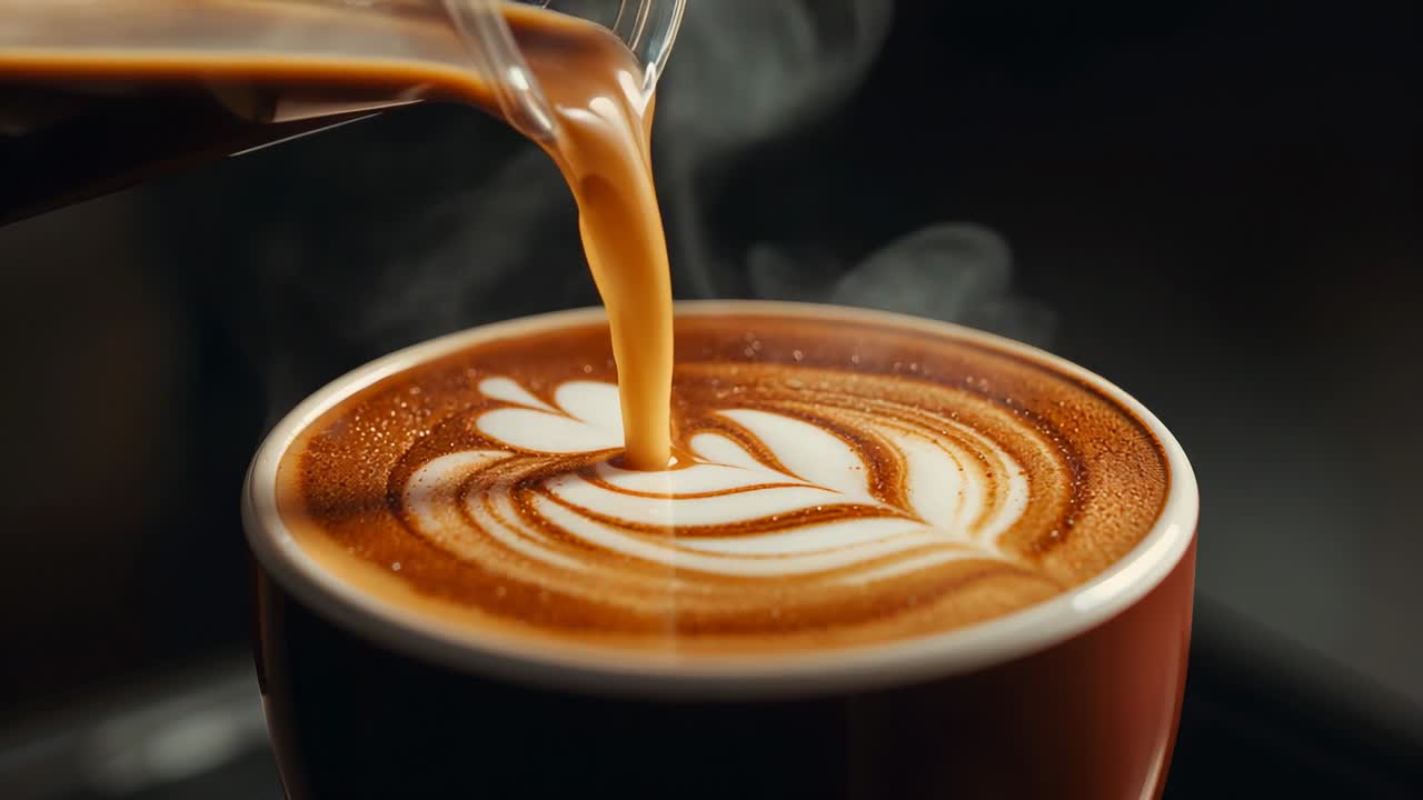 Entering metal pitcher tilting over cup, pouring steamed milk at cafe creating heart latte art