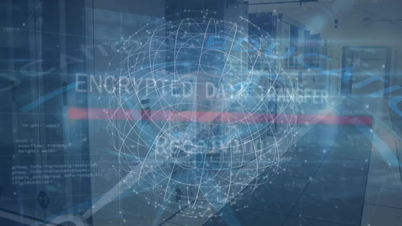 연결, 글로브 및 암호화 된 데이터의 애니메이션 (오피스 복도)