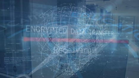 animación de conexiones, globo y datos encriptados a través del corredor de la oficina