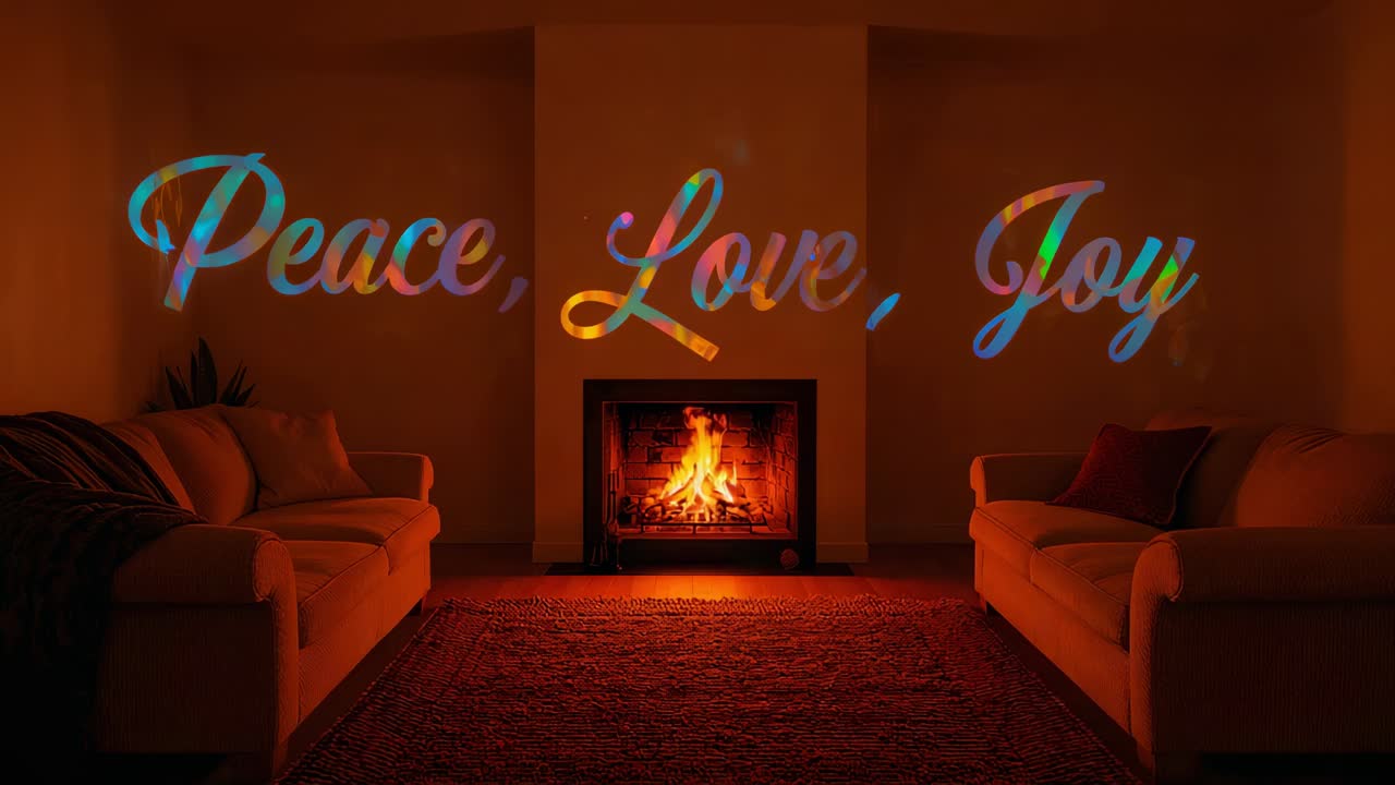 Flickering central fireplace casting warm light in living room, with projected Peace, Love, Joy