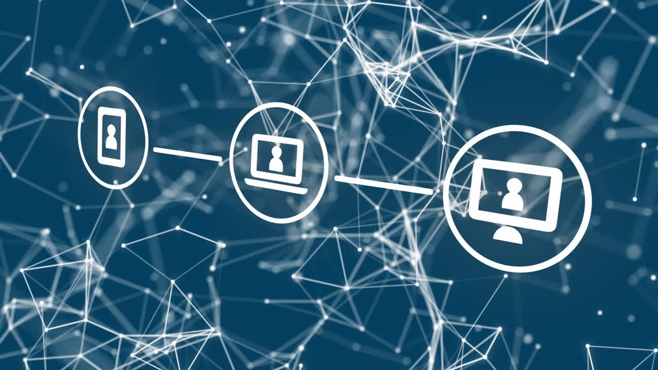 animación de diagrama de flujo de íconos y puntos conectados que forman formas geométricas sobre fondo azul