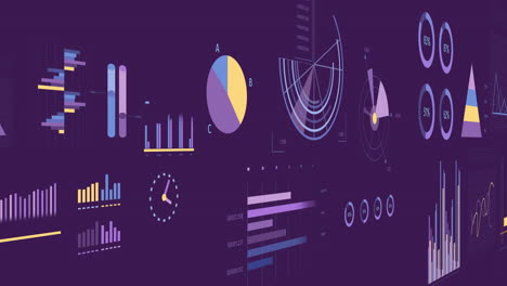 animación de las estadísticas y el procesamiento de datos sobre un fondo púrpura