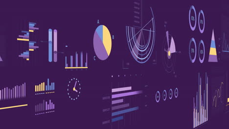 animation of statistics and data processing over purple background