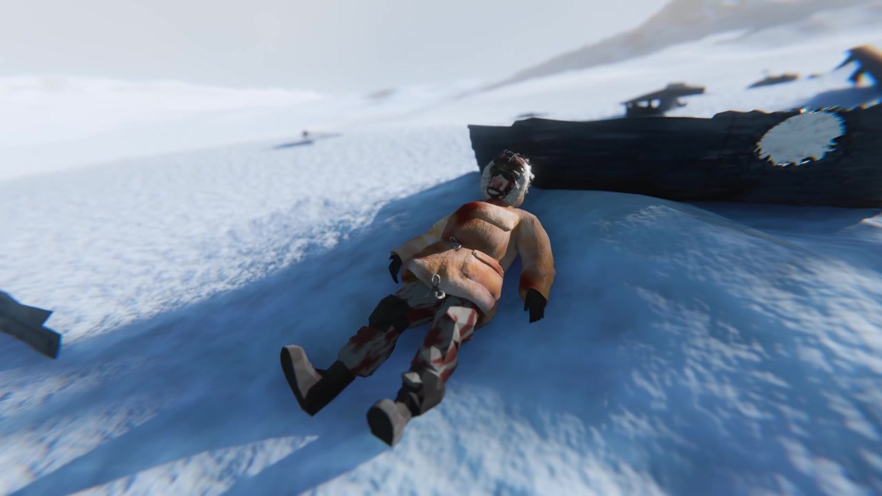 Animazione 3D di un uomo ferito sdraiato nella neve dopo un incidente aereo.