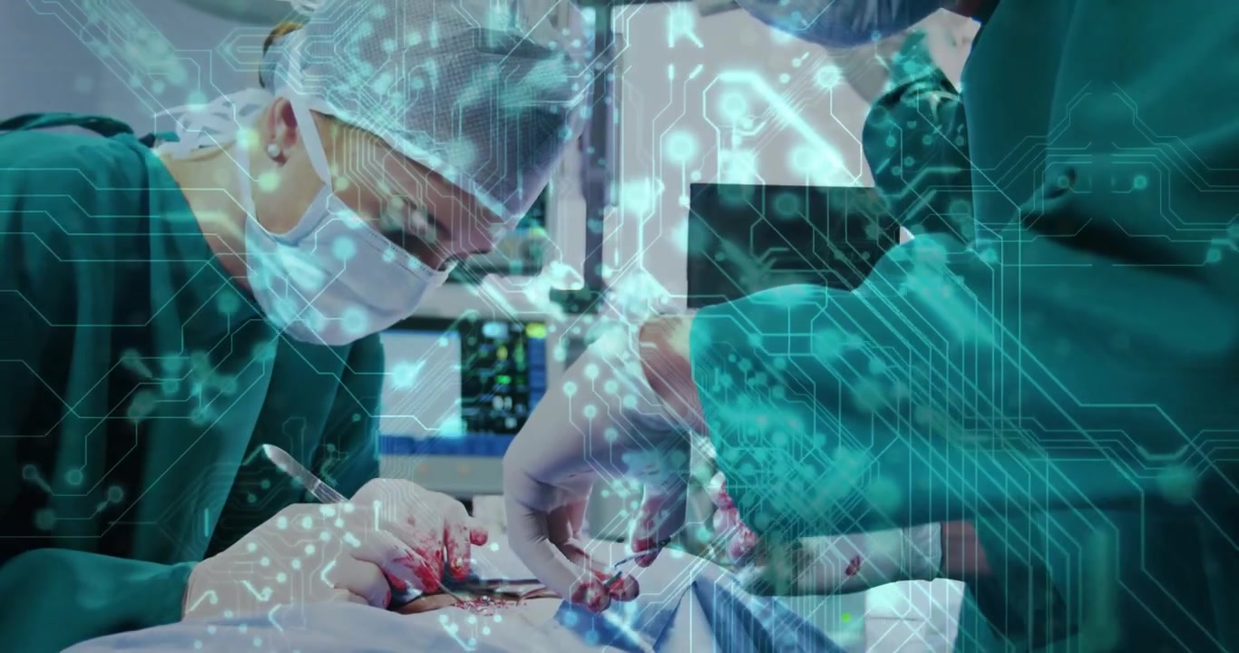 Incision starting two surgeons cutting and suturing tissue while assistant clamping overlay fusing