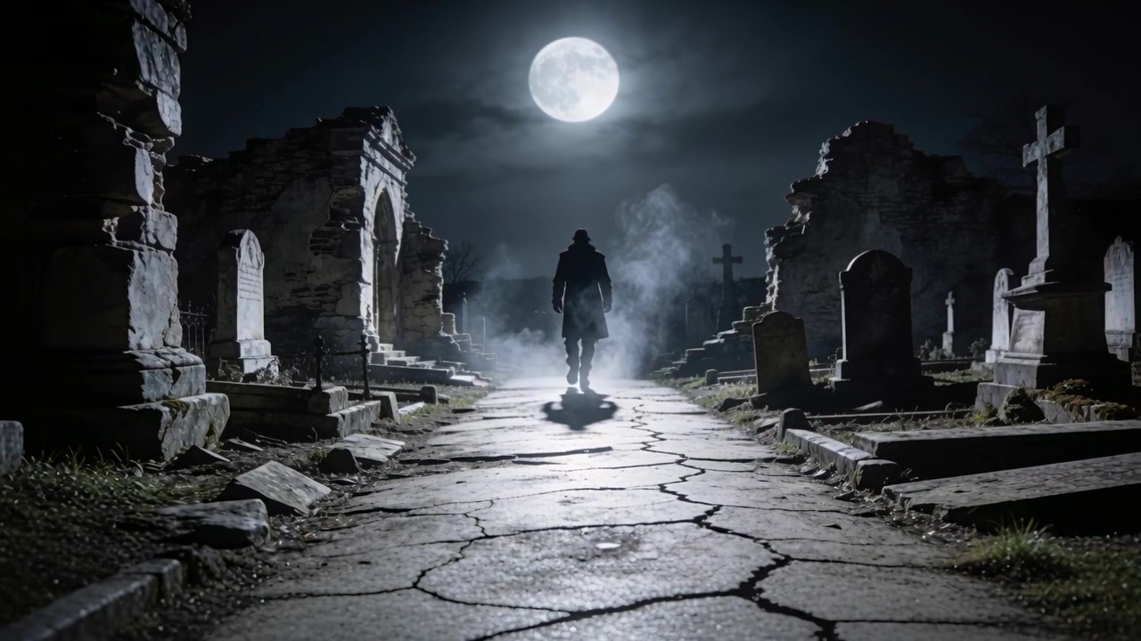 Uomo che cammina, indossando un lungo cappotto e un cappello, si dirige lungo un sentiero crepato in un cimitero, attratto dalla luna.