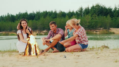 Large-Group-Three-Adults-And-Two-Children-Relax-By-The-Fire-Roast-Marshmallows-On-Sticks-A-Good-Time