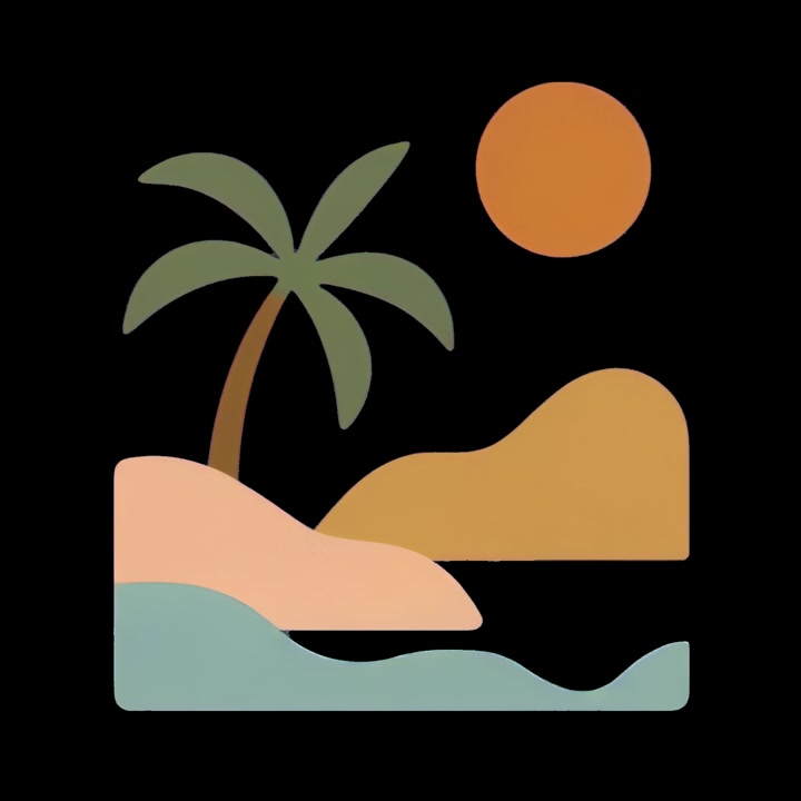 Minimalistisk animeret tropisk strandlandskab med palmetræ og sol
