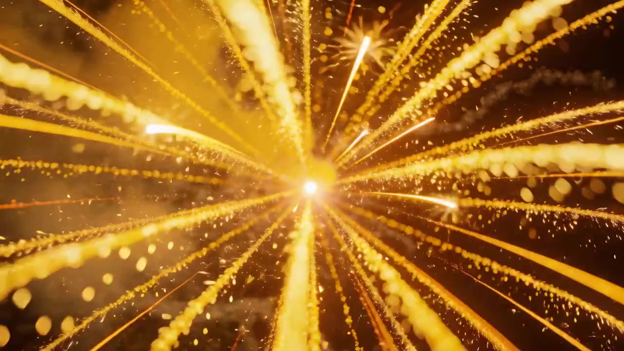 Explodierendes goldenes Feuerwerk, mittig in der Nacht, dessen Blitz radiale Streifen und sich ausbreitende Funken erzeugt.