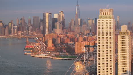 aerial view of lower manhattan at sunrise