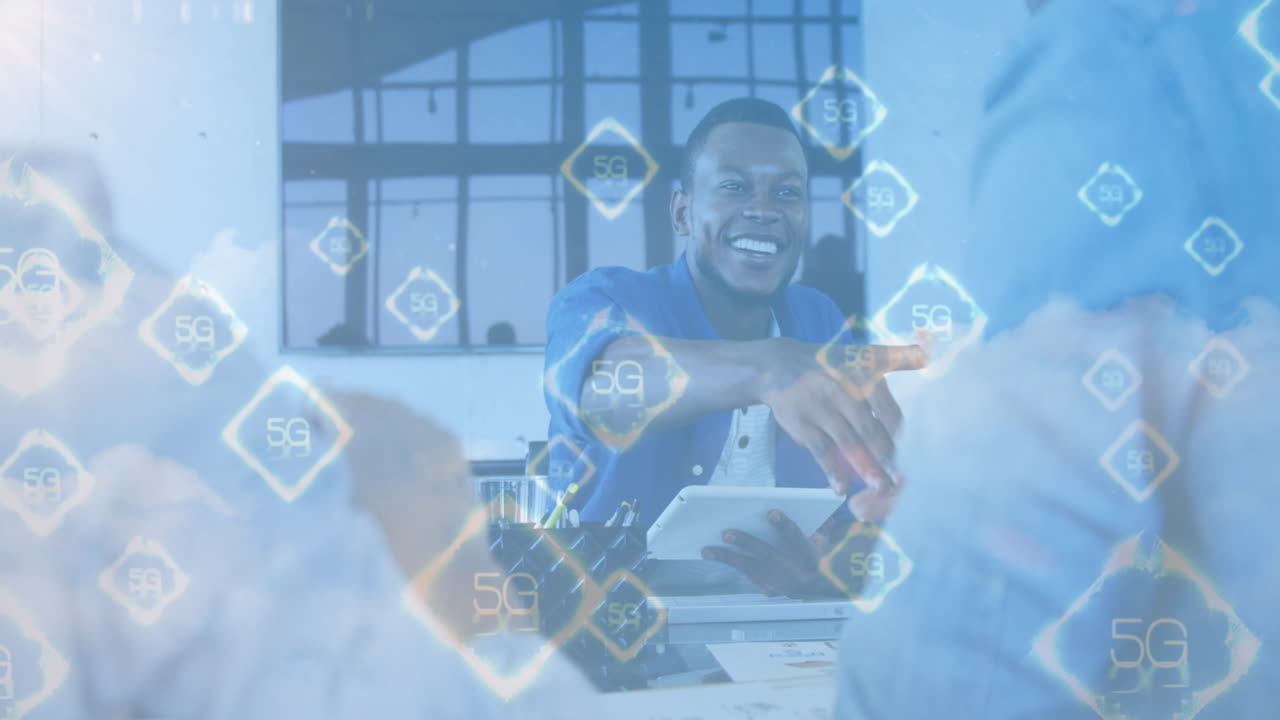 Animation of 5g text on icons a over businessmen shaking hands
