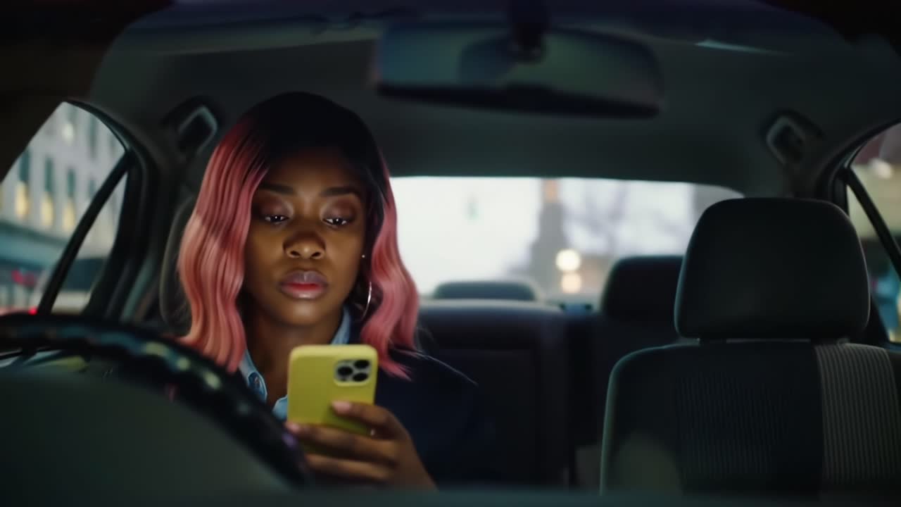 A Young Woman with Pink Hair Intently Engaged with Her Phone While Seated in a Car, Reflecting a Moment of Focus Amidst Urban Nightlife