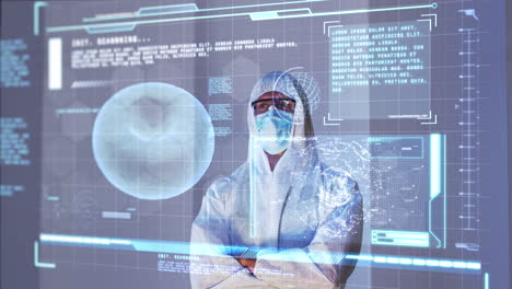 animación de un científico masculino detrás de una pantalla de computadora interactiva con procesamiento de datos médicos